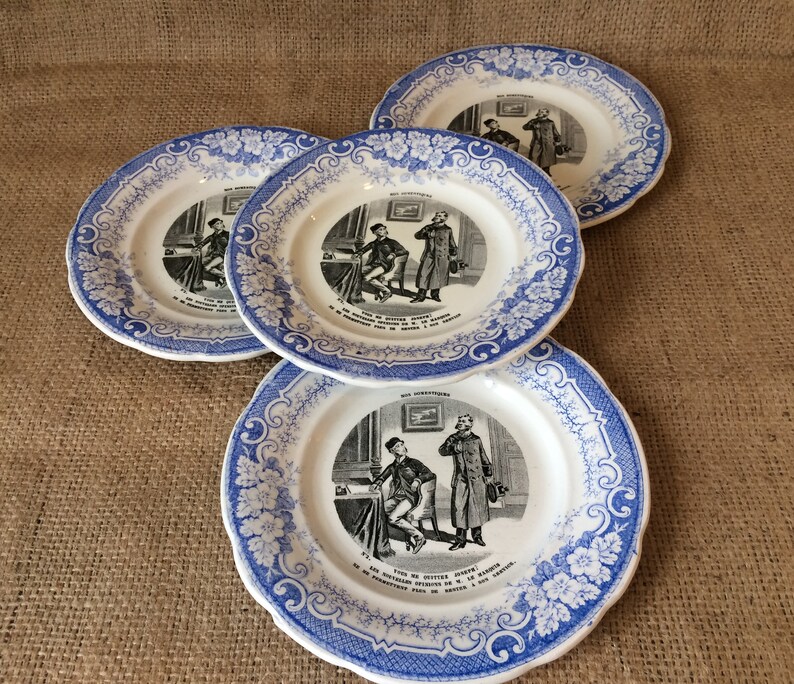 Collectible talking plates French Antique Ironstone Dessert Plate Creil et Montereau blue plates Humour Domestic workers plates,