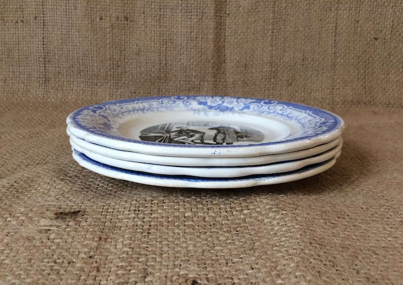 Collectible talking plates French Antique Ironstone Dessert Plate Creil et Montereau blue plates Humour Domestic workers plates,