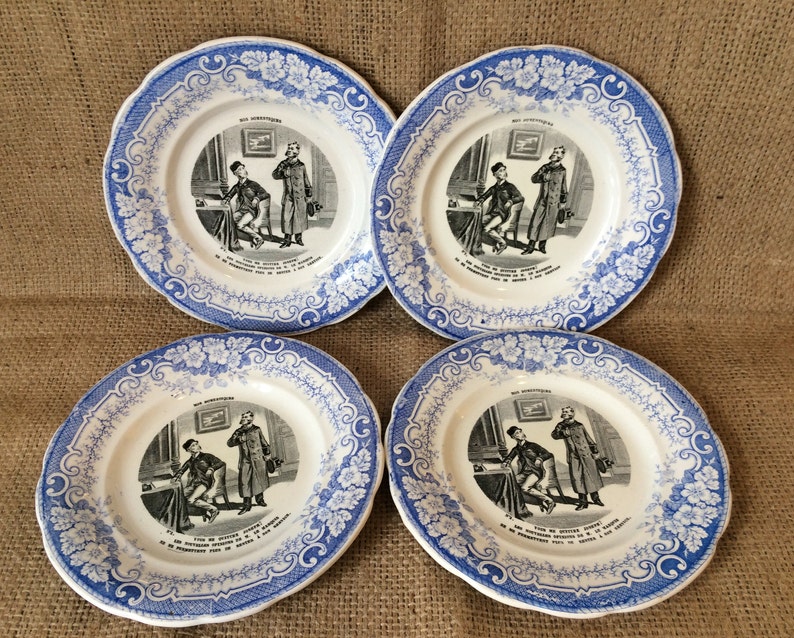 Collectible talking plates French Antique Ironstone Dessert Plate Creil et Montereau blue plates Humour Domestic workers plates,