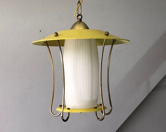 Lampe pendentive vintage laiton des années 50 - Lampe Philips jaune milieu du siècle