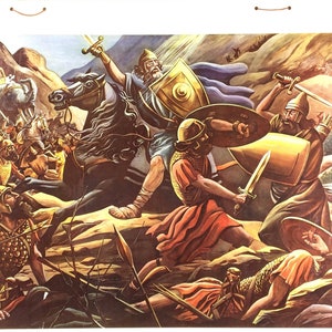 Pode incluir: Uma ilustração vintage que retrata uma cena de batalha com soldados a cavalo e a pé, empunhando espadas e escudos. A cena se passa em uma paisagem montanhosa com uma luz brilhante que ilumina os soldados. A ilustração está em uma paleta de cores vibrantes com tons de marrom, vermelho, dourado e azul.