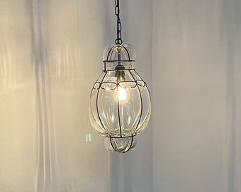 Venetian lamp glass chandelier - vintage Italy 90's pendent light - 1990s lighting handblown caged bulb