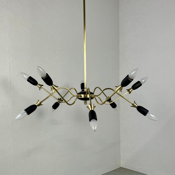 Vintage brass sputnik chandelier - 1960s spider ceiling lamp - Hollywood regency metal Aluminum 10light