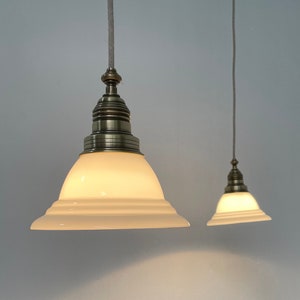 Vintage brass glass pendent lamp set - 70s opaline glass hanging light - art deco lighting