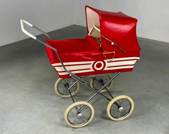 Vintage 1950s doll pram - quality mid century design - red white stroller - collector