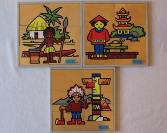 Jegro made in Holland ~ 3 Vintage Holzpuzzle Set ~ Afrika, Asien, Indianer