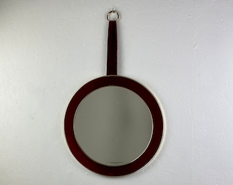 Espejo redondo vintage de mediados de siglo - Espejo retro de terciopelo rojo de los años 60 - Espejo clásico
