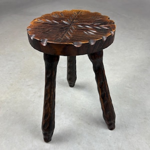 Vintage 1960s Spanish stool - brutalist wood design - 1970s tripod seat - traditionally hand carved - side table plant table