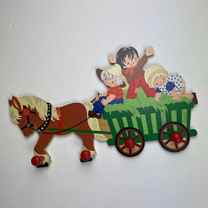 Vintage 80s kids coat rack Wood Kindergarderobe Mertens Art Gardener No.25442 hook bar postmodern nostalgia 1981 decoration