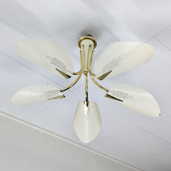 60's Brass Chandelier Light - Vintage Ceiling Regency Palm Leaf Sputnik Lamp - Pilastro