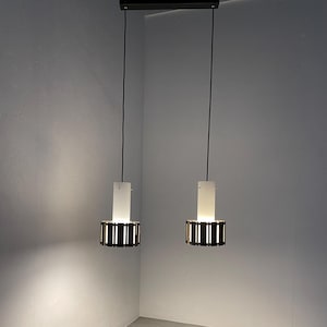 Vintage 1960s twin beam pendant lights - opaline glass brass copper metal pendant lamp - mid century lighting