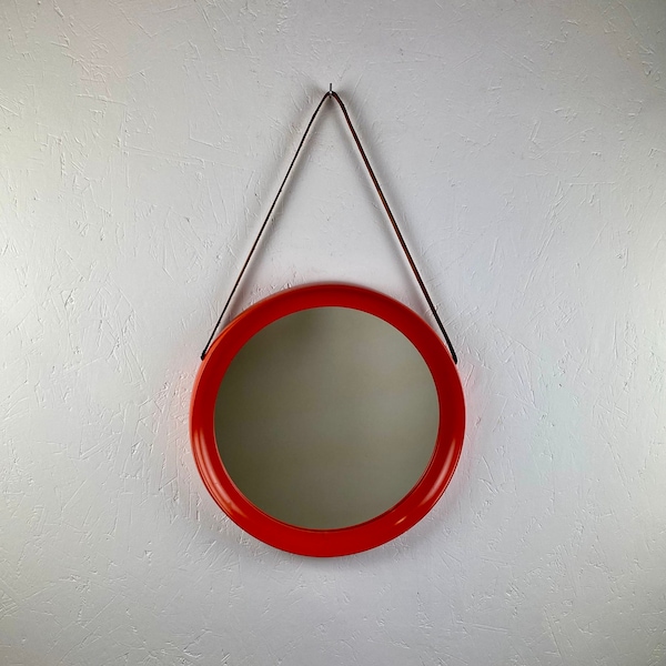 Vintage orange round wood wall mirror - 1970s modern retro hanging mirror