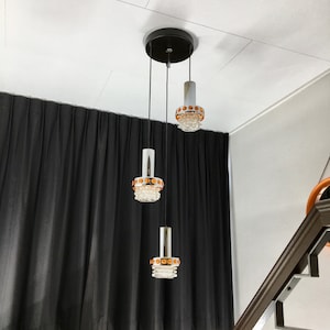 Space age chrome cascade pendant lamp - Massive Belgium - vintage 70&#39;s glass 3-light