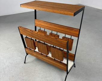 Broform Netherlands製のヴィンテージモダンな70年代風サイドテーブル - マガジンホルダー、金属と木材を使用したデザインのマガジンラック