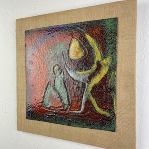 Vintage wall art piece - colored metal enamel plate - 60&#39;s colorful design tile