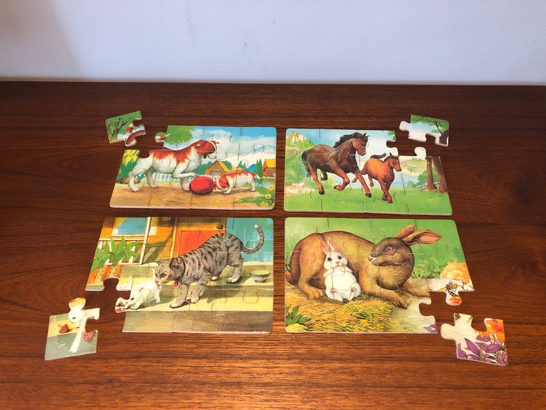 Vintage Wooden Puzzle Animals 4 Puzzles In Box Image 0