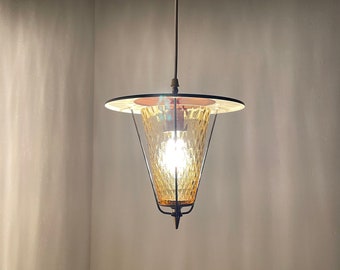 Mid century hanging lamp - vintage 60s glass brass metal light - German lantern