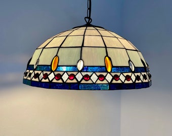 Vintage Tiffany large hanging lamp by Honsel Leuchten - 1980s glass light - Germany lighting