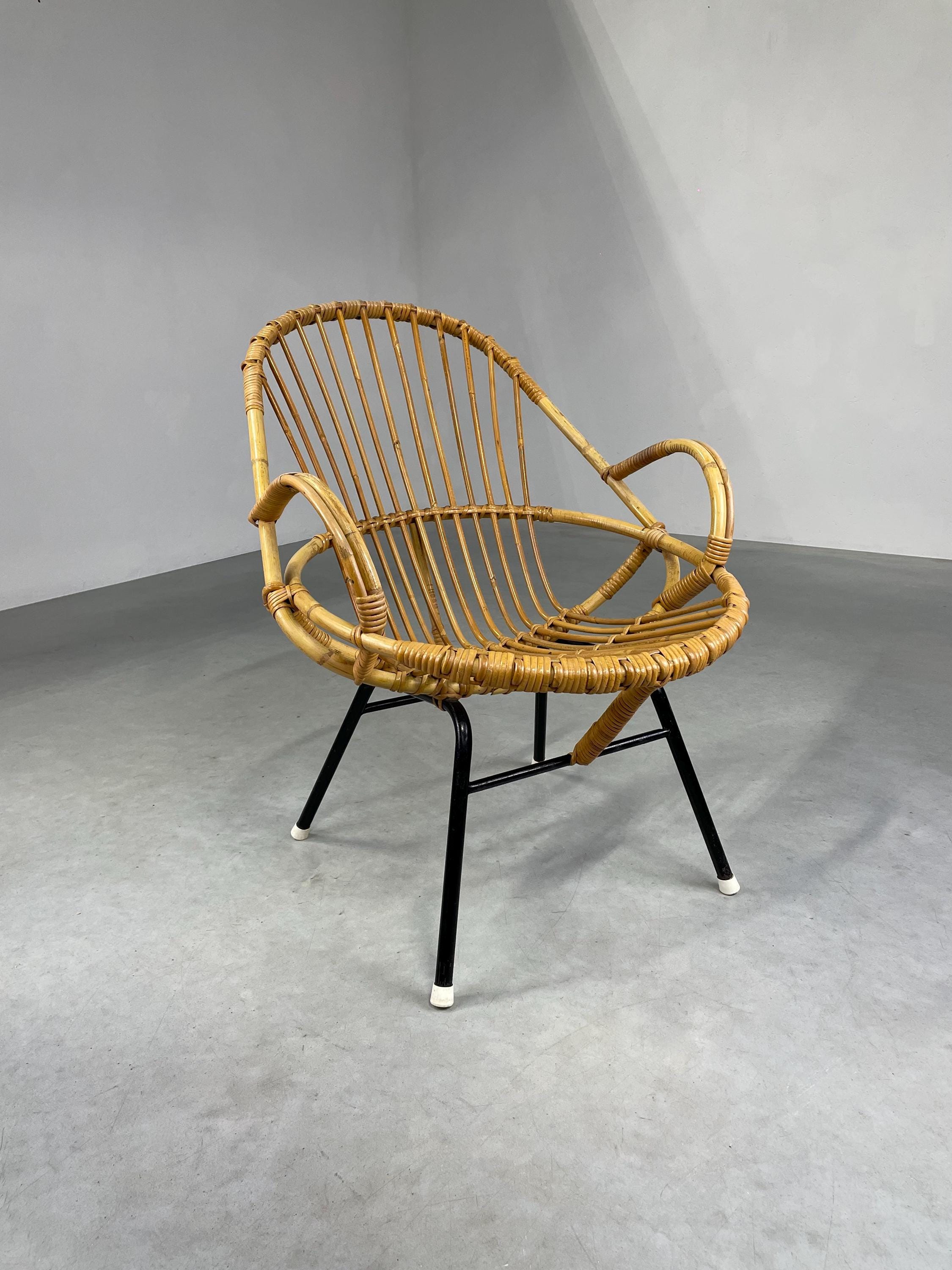 Vintage bamboo lounge chair Dirk van Sliedregt for Rohe Noordwolde - midcentury bamboo rattan metal 50s design wicker chair