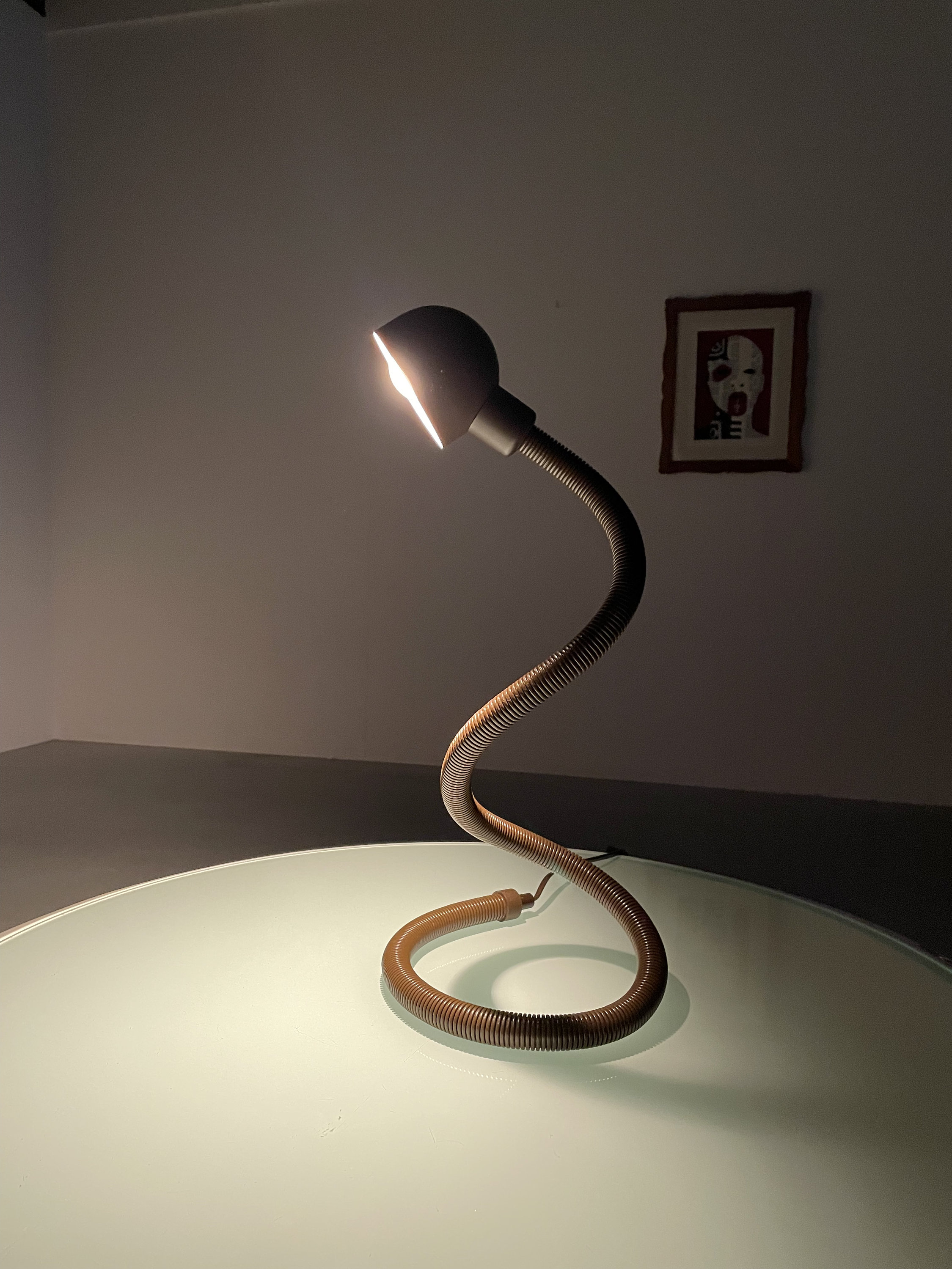 Cobra Isao Valenti für Hosoe Beleuchtung Schreibtischlampe braune Tischleuchte Hebi Luce Vintage Schwanenhals-Design- 1970er