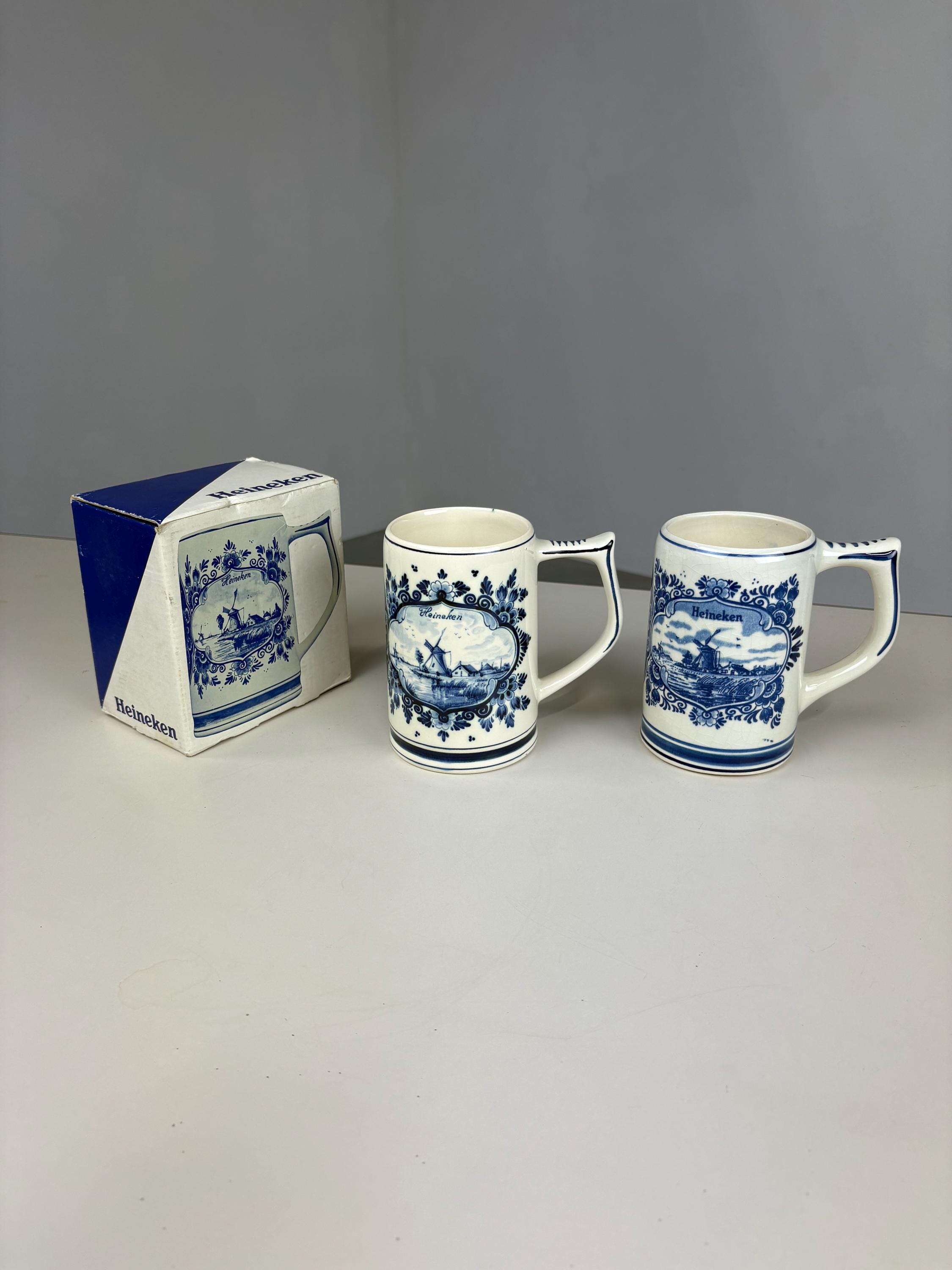 Heineken beer hand painted mug set of 2 - Regina Holland Delft blue - clipper windmill - 1970s vintage beer glass boxed