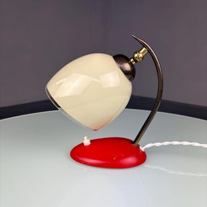 Mid century bedside lamp - vintage 1950s brass glass table lighting - classic 50s modern light - red metal
