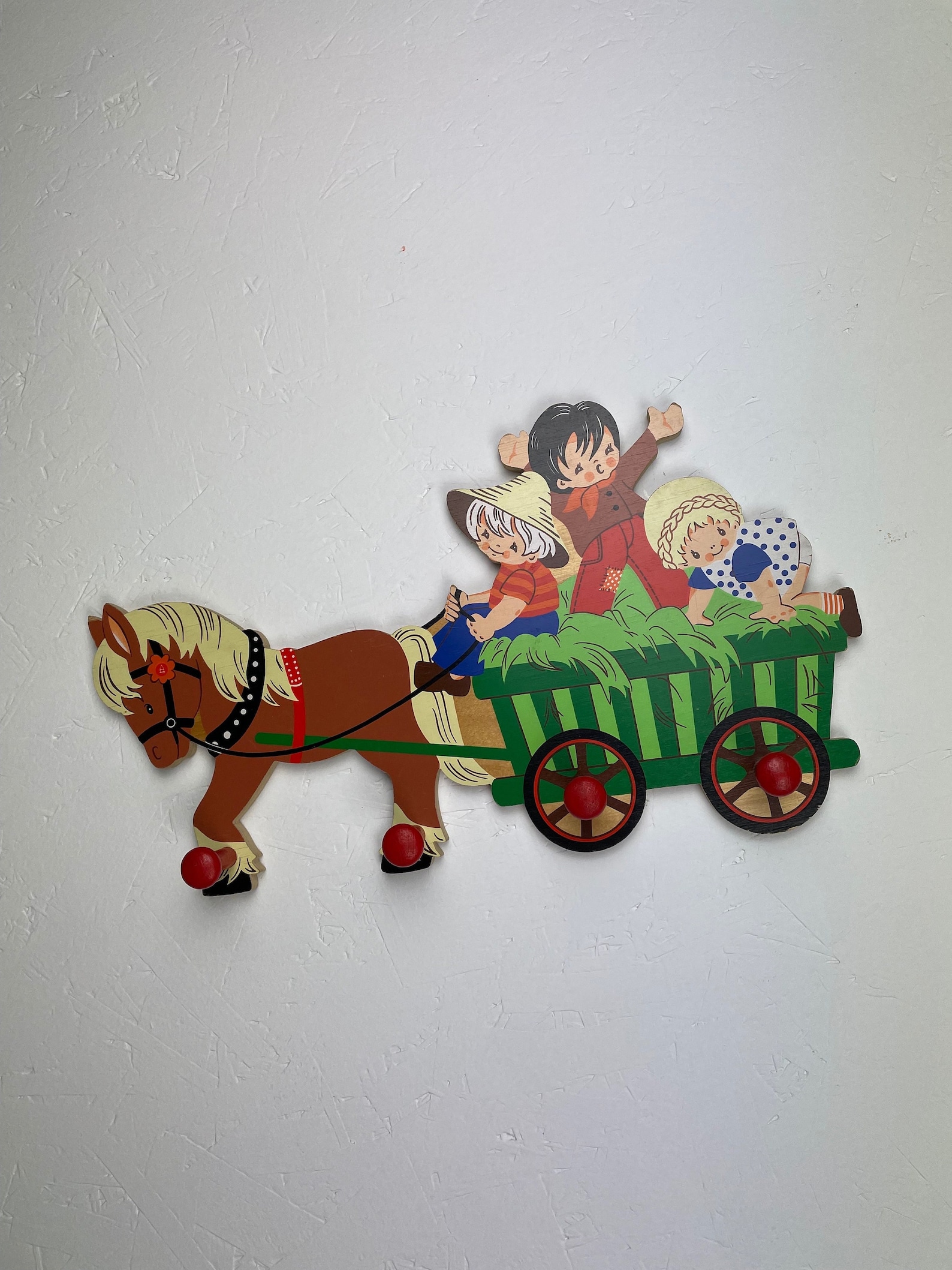 Vintage 80s kids coat rack Wood Kindergarderobe Mertens Art Gardener No.25442 hook bar postmodern nostalgia 1981 decoration