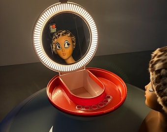 Space age table mirror with storage box from Flair - Dutch Design - Make up mirror - Mirror with lighting - Modern 1970s orange white