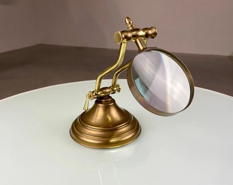 Vintage brass table magnifier - classic metal desk magnifying glass with arm on base