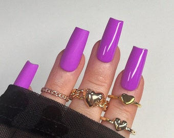Poppy Purple: Nail Artist. Custom Handpainted Press-on Gel Nails. Square. Almond. Coffin. Valentines Day. Purple. Simple. Basic. Pink.