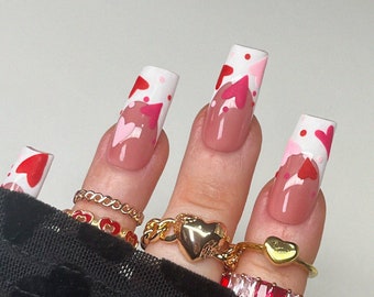 Love Letter: Nail Artist. Custom Handpainted Press-on Gel Nails. Square. Almond. Coffin. Valentines Day. Pink. Hearts. Nail Art. Girlie.