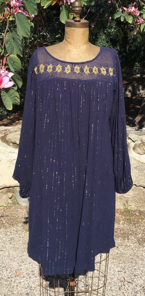 Vintage Midnight Blue Cotton Gauze and Gold Lurex
