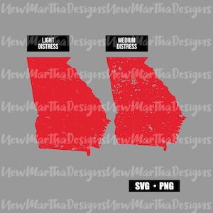 May include: Two red outlines of the state of Georgia, one with a light distressed effect and the other with a medium distressed effect. The outlines are on a grey background. The text "LIGHT DISTRESS" and "MEDIUM DISTRESS" are above the outlines. The text "SVG.PNG" is below the outlines.