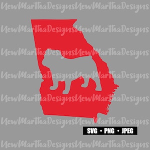 May include: Red silhouette of the state of Georgia with a bulldog inside. The text "SVG PNG JPEG" is below the image.