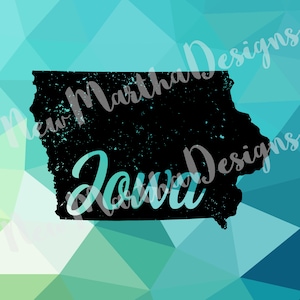 Op de afbeelding: Zwarte silhouet van de staat Iowa met het woord "Iowa" in wit schrift over de staat. De achtergrond is een turquoiseblauw geometrisch patroon.