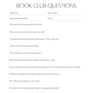 Book Club Meeting Questions | Book Report | Book Club | Reading Reflection | Digital Print | Book Report Template