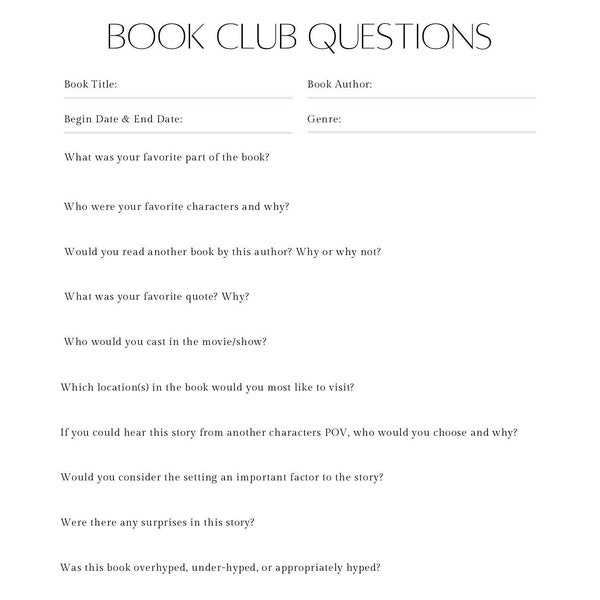 Book Club Meeting Questions | Book Report | Book Club | Reading Reflection | Digital Print | Book Report Template