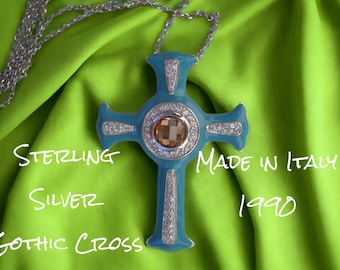 Cruz gótica em prata esterlina, citrino, zircões e esmalte - Anos 90 Fabricado na Itália