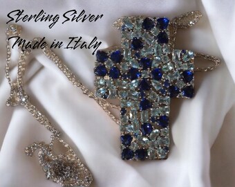 Colar de prata esterlina 925 com um grande pingente de cruz cravejado de strass - joias de alta qualidade fabricadas na Itália