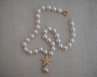 Ketting 18 KT Gold Filled - Big Natural Baroque parel en handgeknoopte Mallorca parels - Made in Italy 90's.