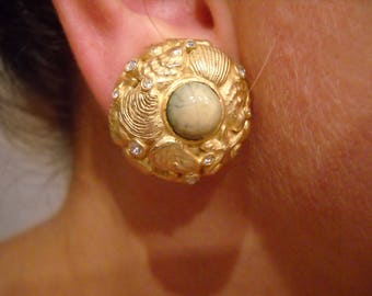 1960 - Earrings Made in Italy - Gold plated with Simulated Agate and Rhinestones
