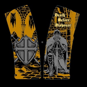 May include: Two black and gold medieval-themed sleeves. One sleeve features a shield with a cross and crossed swords. The other sleeve has a kneeling knight with the text "Death Before Dishonor" in gold.