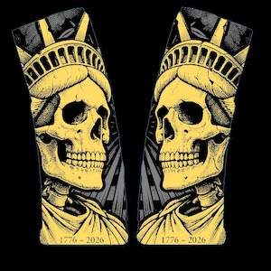 May include: Two graphic illustrations of the Statue of Liberty as a skull, facing each other. The artwork is in yellow and black, with the text "1776-2026" at the bottom. The background has a geometric design.