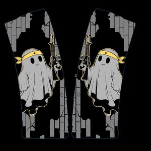 May include: A pair of leggings featuring a cartoon ghost character with a yellow headband and a rifle. The ghost is gray with a smiling face. The background has a brick wall design.