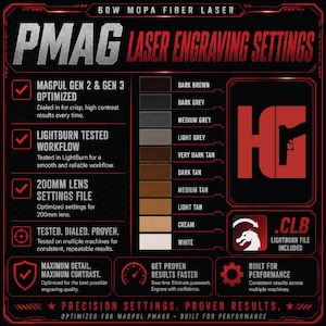 May include: A black informational chart titled PMAG LASER ENGRAVING SETTINGS for a 60W MOPA fiber laser. It lists optimized settings for Magpul Gen 2 and 3, a LightBurn tested workflow, 200mm lens file, and a color swatch guide from dark brown to white.