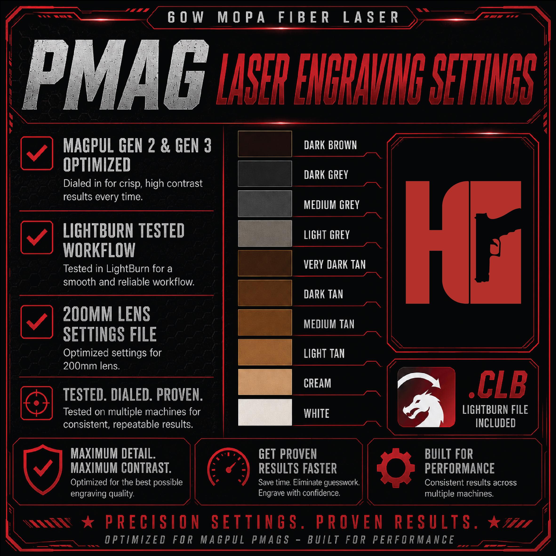 PMAG Laser Engraving Settings Lightburn CLB 200mm Lens MOPA Fiber