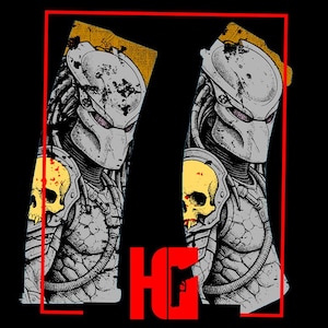 May include: Illustration of two Predator figures in a red rectangular frame on a black background. The figures are gray with a yellow skull on the shoulder. The text "HG" is in red at the bottom.