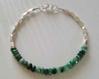 AAA++ Emerald Bracelet, Hill Tribe Silver Rice Tube Beads | 925 Sterling Clasp & Findings | Precious Gemstone | May Birthstone