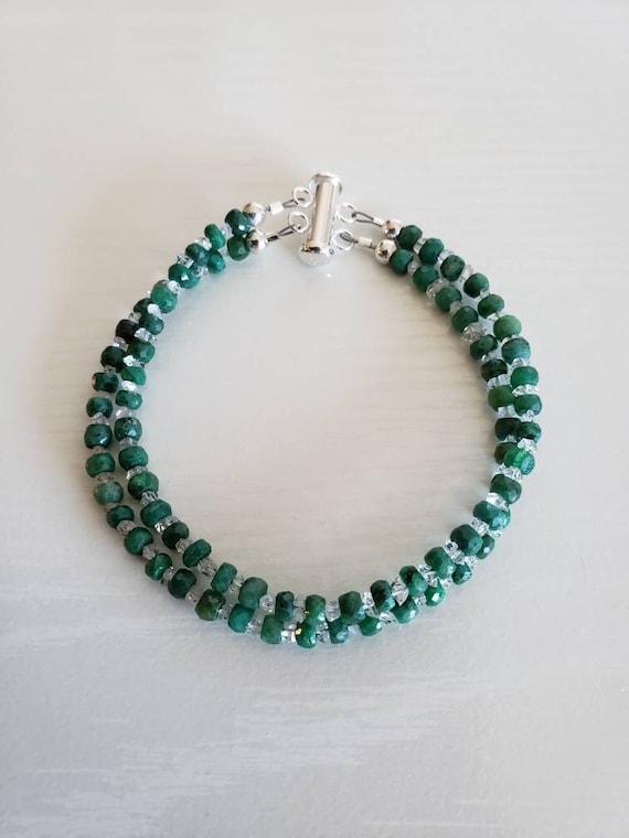 AAA+ Double Stranded Zambian Emerald, Herkimer Diamond Bracelet | 925 Sterling, 14K Gold Fill | May, April Birthstone | Gift Boxed