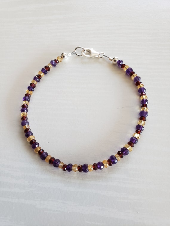 AAA+ Amethyst, Mozambique Garnet, Citrine Bracelet | 925, 14K Gold or Rose Gold Filled | February, January, November Birthstone | Gift Boxed